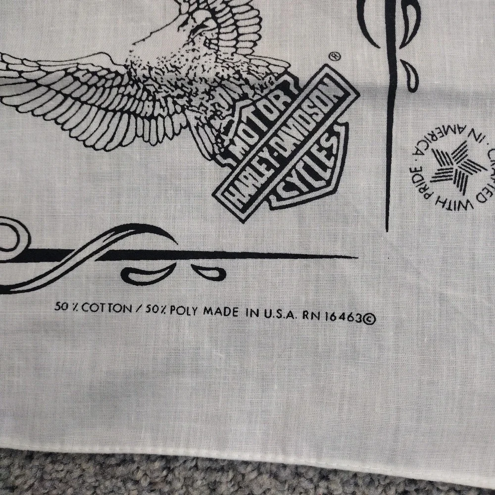Vintage 80s Harley Davidson Bandana Rose Upwing Eagle Bar Shield USA Made White